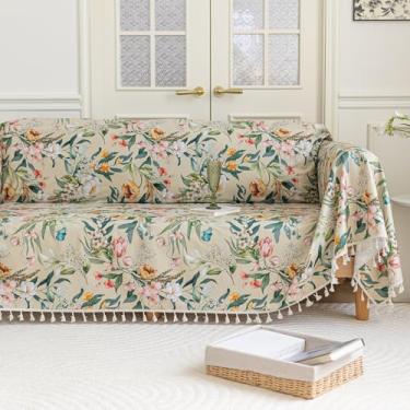 Imagem de Erbnaryx Capa de sofá Boho Capas de sofá borlas design para sofá seccional lavável 3 almofadas sofá sala de estar (A10, 180.3 cm x 299.7 cm)