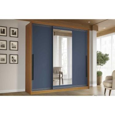 Imagem de Guarda Roupa Casal 3 Portas De Correr (1 C/ Espelho) E 4 Gavetas Valência Freijo/azul - Politorno
