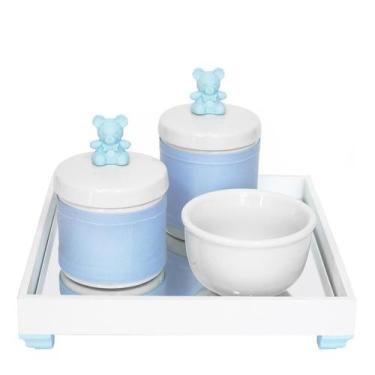 Imagem de Kit Higiene Bebê Porcelanas Cotonete Molhadeira Ursinho ul - Potinho d
