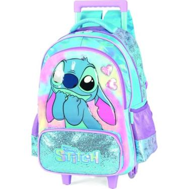 Imagem de Mochila Infantil com Rodinha, Luxcel, Stitch, Azul, G, com Cetim e Pelúcia