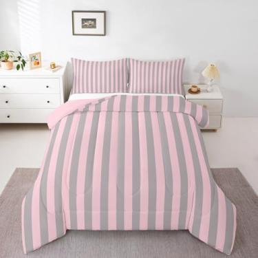 Imagem de jejeloiu Conjunto de cama de edredom rosa, cinza, listras, geométrico, para decoração de quarto de crianças, meninos, meninas, adolescentes, moderno, tamanho Queen, luxuoso, 3 peças, respirável, macio