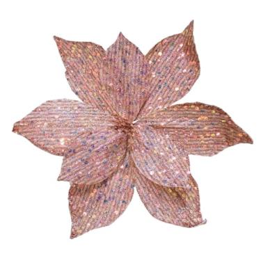 Imagem de Yangzi - Flor Bico de Papagaio Pick Natalino Glitter e Lantejoulas Rosê Luxo 30cm