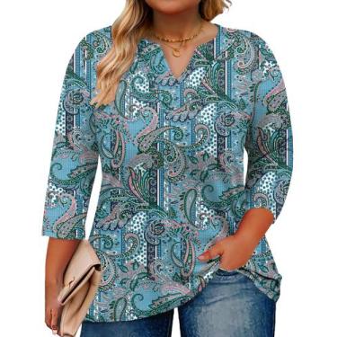 Imagem de Blusas Romanstii Plus Size femininas, manga 3/4, decote em V, azul, ve