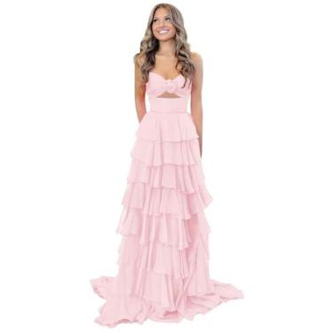 Imagem de Vestido de baile Yuxin 2025 Tiered Flower Plus Size em chiffon rosa