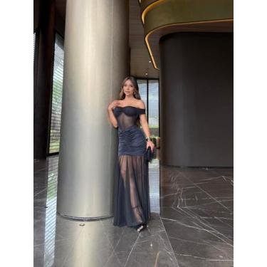 Imagem de Vestido Longo em Tule com Transparência Ombro a Ombro - luh may, Preto