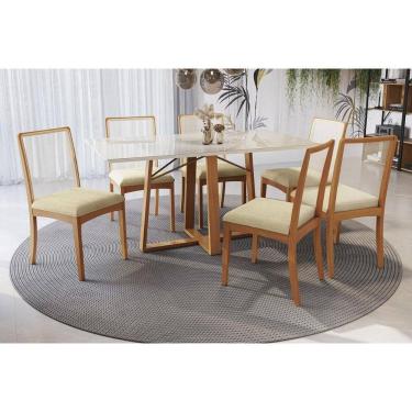 Imagem de Conjunto Sala de Jantar Elma Premium Madeira Maciça c/ Tampo Madeirado c/ Vidro 160x90cm e 6 Cadeiras Lara Carvalho/Off White - Boucle Bege-Kappesberg