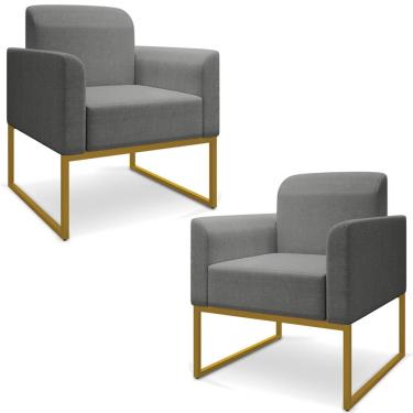 Imagem de Kit 2 Poltronas Decorativas Isabella Base Industrial Linho Grafite/Dourado