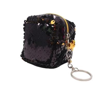 Imagem de Bolsa feminina de lantejoulas com chaveiro, minimochila brilhante, porta-chaves, bolsa quadrada para trocar 7,6 cm, Preto