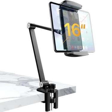 Imagem de Suporte de tablet ajustável para iPad com base giratória de 360° para dispositivos de 6,3 a 16 polegadas, suporte de braço dobrável de alumínio para iPad, mesa e cozinha, compatível com iPhone, iPad
