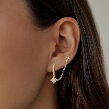 Imagem de Brincos femininos de corrente de ouro 14K/18K com pingente duplo de zircônia cúbica, standard, Cobre, Sem pedra preciosa