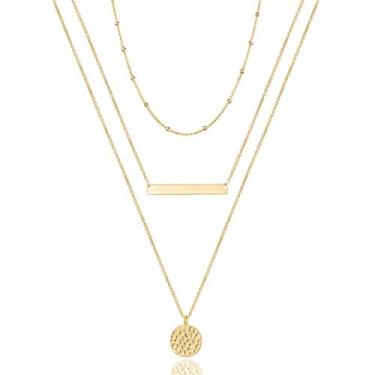 Imagem de Colar em camadas minimalista banhado a ouro 14K, conjunto de 3 peças para mulheres, gargantilha delicada com barra e pingente de disco - pérola/círculo interligado/contas - estilos de corrente