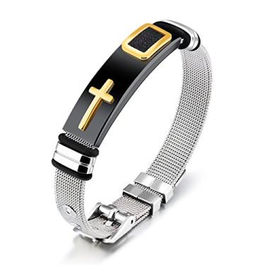 Imagem de Rockyu Pulseira masculina de aço inoxidável, pulseira de malha preta e dourada, ajustável, religiosa, presente para Natal, aniversário