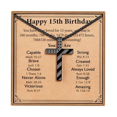 Imagem de ESPVO Presentes de feliz aniversário para meninos de 9 a 16 anos, colar de cruz de aço inoxidável 316L, joias religiosas cristãs, presentes para filho, sobrinho, neto, crianças adolescentes de 45 a 5