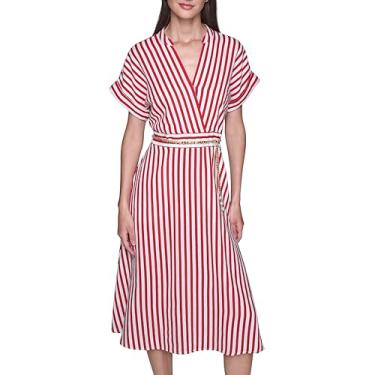 Imagem de Karl Lagerfeld Vestido midi feminino de linho estampado com gola V e manga curta, Vermelho ardente branco macio, 42