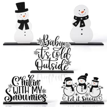 Imagem de CPicdn 5Pcs Winter Wooden Tiered Tray Centerpieces, Snowman Snowflakes Removable Wood Sign Table Topper Decoration, Christmas Black White Winter Decor for Home Office Desk Shelf Mantel Party Supplies