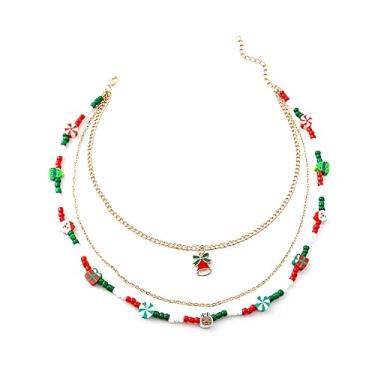 Imagem de twinkle eye Colares de Natal multi-camadas colar de contas corrente de árvore de natal bengala doce Papai Noel pingente colar para mulheres meninas colar de férias joias para mulheres, Resina Acrílico