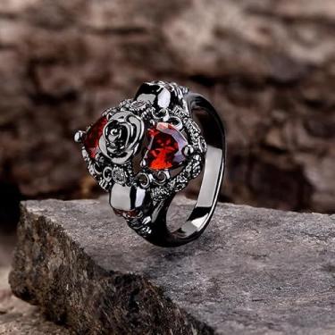 Imagem de Anel gótico de latão de zircão de caveira escura com simbolismo de rosa e coração - Joias góticas exclusivas para homens e mulheres, design ousado e ousado, Zircônia cúbica, Sem pedra preciosa