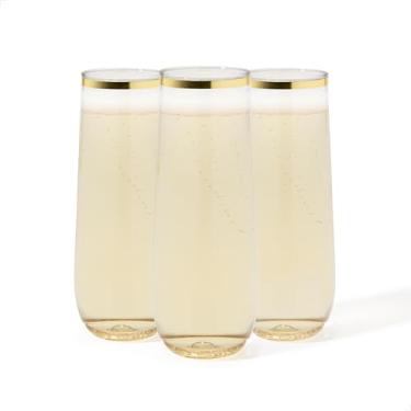 Imagem de TOSSWARE Conjunto de 12 taças de champanhe POP Gold Rim 255 g, qualidade premium, recicláveis, inquebráveis e de plástico transparente