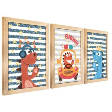 Imagem de Kit Quadros Infantil Dinossauro Kids 20x30 3 Peças Titulo Moldura Mel