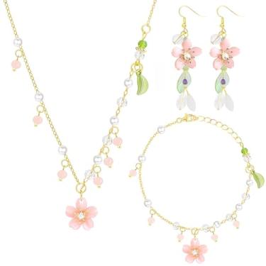 Imagem de NEWITIN Conjunto de 4 peças de joias de flores para mulheres, moda, bijuterias, brincos com pingente de flor rosa, colar, contas florais, pulseira, conjunto de joias de ouro para mulheres