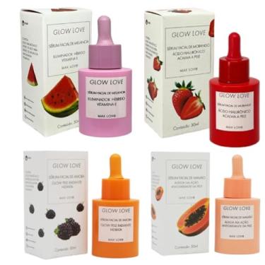 Imagem de Max Love Glow Love Kit Sérum Facial, 4 Frascos 30ml, Melancia, Morango, Amora e Mamão, com Ácido Hialurônico e Vitamina E, para Hidratação e Iluminação