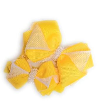 Imagem de Kit Laços Infantis, Amarelo com Pérolas, Gorgorão e Tela, 2 Peças, Laço Grande com Bico de Pato e Pequeno com Meia de Seda