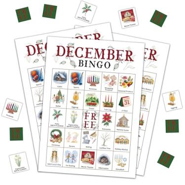 Imagem de DRWJPAT Jogo de bingo de dezembro, jogos de festa de inverno para adultos, cartas de jogo de bingo de Natal para atividades de amigos em família em grupo grande, suprimentos de decoração de festa de