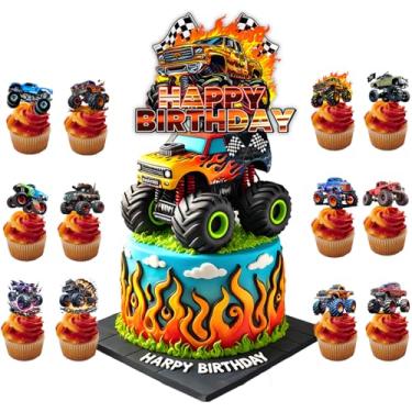 Imagem de Topo de bolo de carro monstro tema caminhão suprimentos de festa de aniversário para decoração de bolo Monster Truck decorações de cupcake para meninos decoração de bolo de aniversário suprimentos