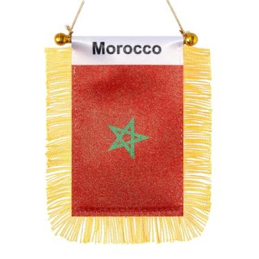 Imagem de JBSJBS Bandeira pendurada de Marrocos mini bandeiras de janela de carro marroquinos pequenos banners decoração espelho retrovisor bandeiras marroquinas com ventosa franjas douradas dupla face 7,6 x