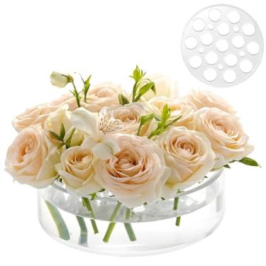 Imagem de Vaso de acrílico destacável com grade de 21 furos, transparente, inquebrável, design de peça central de perfil baixo, para eventos, casa, arranjos florais de mesa de jantar, suporte de flores ideal