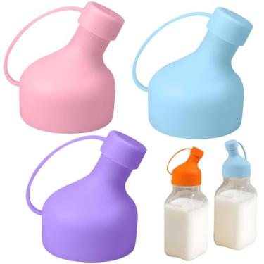 Imagem de 3 tampas de silicone para garrafas de leite – tampas de substituição para 30 mm/42 mm de diâmetro, à prova de vazamento, reutilizáveis, para garrafas de vidro Stanpac para Libbey (rosa roxo azul)