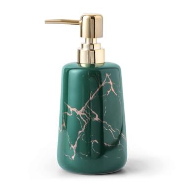 Imagem de Dispensador de sabão de cerâmica de mármore luxuoso – Frasco de sabão de mão recarregável de 350 ml com bomba de aço inoxidável para banheiro e bancada de cozinha (verde)