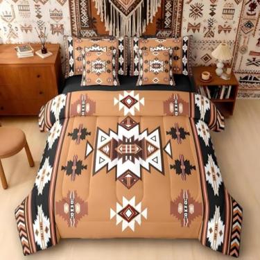 Imagem de Erosebridal Conjunto de edredom Queen Western Bed in a Bag, 7 peças, decoração do sudoeste, geométrico, fazenda, asteca, conjunto de cama e lençol, listras, triângulo, diamante, marrom