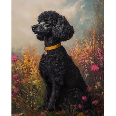 Imagem de XTXGERL Kit de pintura de poodle preto por números para adultos iniciantes DIY kit de pintura de cachorro fofo por números tinta acrílica (sem moldura), decoração de parede de casa 40,6 x 50,8 cm