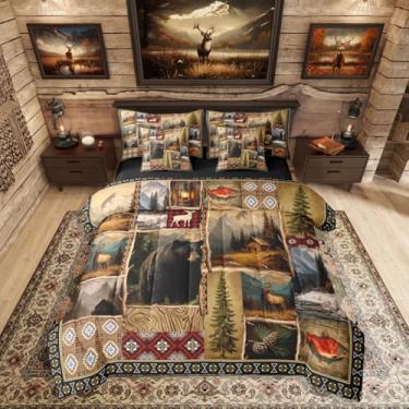 Imagem de Erosebridal Conjunto de cama king xadrez de urso, 7 peças, cervo de caça, alce, chifres de alce, com lençóis, cama de caça e pesca em uma bolsa, conjunto de cama rústica de patchwork marrom de fazenda