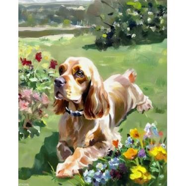 Imagem de XTXGERL Paint by Number Kits Cocker Spaniel Dog Paint by Numbers, DIY pintura a óleo tintas acrílicas para arte de parede 16 x 20 polegadas (40 x 50 cm) sem moldura