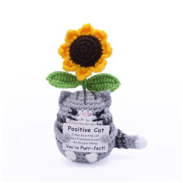 Imagem de Boneca de gato de crochê feita à mão com plantador de girassol, mini presente de apoio emocional com cartão de incentivo, decoração de mesa inspiradora para escritório, casa, presente positivo para