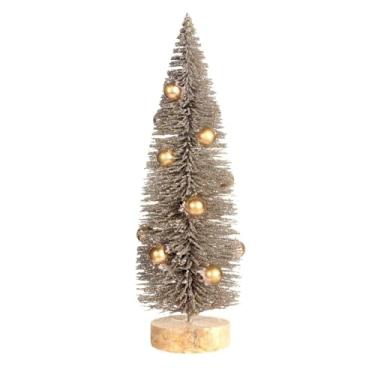 Imagem de Árvore de Natal de pinheiro em miniatura dourada pequena com base de madeira e enfeites de bola, plantas artificiais para decoração de Natal de mesa (20 x 6,5 cm)