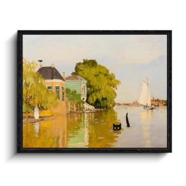 Imagem de Arte de parede emoldurada engraçada de gato preto, impressão de arte texturizada inspirada em Monet, gato nadando no rio com veleiro, pôsteres ecléticos para quarto, sala de estar, banheiro, decoração