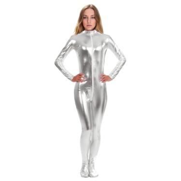 Imagem de ATHX Body feminino metálico brilhante com aparência molhada, fantasia de Halloween, cosplay, zíper frontal, Zentai (prata, GG)