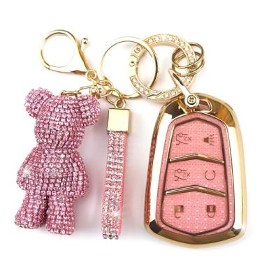 Imagem de Rayslesan Linda capa de chaveiro com pingente de urso de strass, capa inteligente de TPU brilhante para mulheres, compatível com Cadillac Escalade 2015-2020, Escalade ESV 2015-2020 (6 botões, rosa