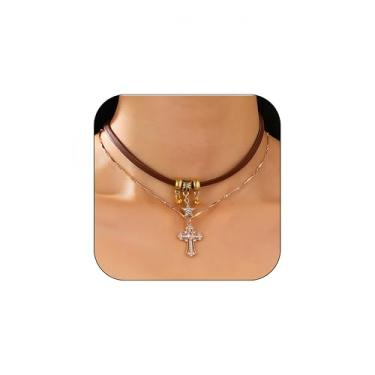 Imagem de MAIYIDACK Conjunto de colar feminino com cruz e estrela em camadas retrô banhado a ouro 14 K, gargantilha de couro marrom com pingente de cruz de strass, colar vintage de corrente dupla Boho