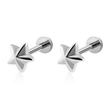 Imagem de ZYTAIJEW 2 peças 16G Ouro/Prata G23 Titânio Rosqueado Internamente/Estrela Top Lip Stud Labret Monroe Tragus Cartilagem Anel Piercing de Nariz Joias 6 mm-12 mm, Titânio, Sem Pedra Preciosa