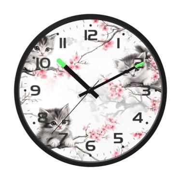 Imagem de SEHANY Relógio de parede de gato fofo, silencioso, sem tique-taque, operado por bateria, controle de som, luz noturna, relógios de parede para sala de estar, cozinha, quarto, escritório, decoração de