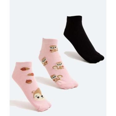 Imagem de Kit 3 Pares Meias Soquete Feminina Esquilos Marisa-08018, 34/39, Rosa,