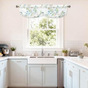 Imagem de Leeva Saia plissada com estampa de flores, cortina de janela com bolso de haste texturizada de linho, tratamento de janela de vieira botânica para banheiro de lavanderia, 132 x 45 cm, decoração de