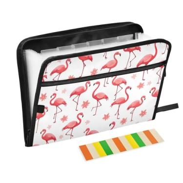 Imagem de CEBUGI Pasta expansível de 13 bolsos, impermeável, sanfonada, organizador de arquivos com etiquetas tamanho A4, organizador de documentos de papel para escola, material de escritório, flamingos