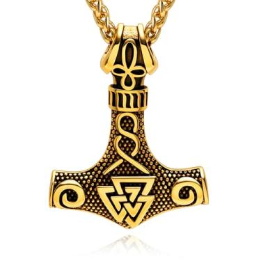 Imagem de Hoyazvet Colar masculino com martelo de Thor Viking, ouro 18K, preto/aço inoxidável, pingente de amuleto Mjolnir, bússola pagã nórdica, joia viking nórdica, com caixa de presente, Aço inoxidável, Sem