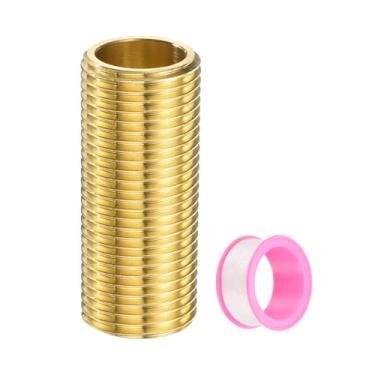 Imagem de PATIKIL Encaixe de tubulação de latão macho de 1/2 polegada, conjunto de adaptadores de extensão de latão, adaptador de encaixe de tubulação, conector conversor com fita 5 polegadas/50 mm de