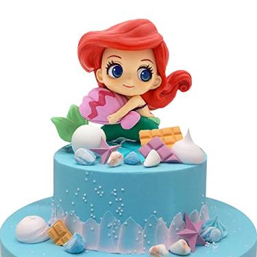 Imagem de Topper de bolo de sereia pequena boneca de sereia fofa com concha para decorações de bolo sob o mar, estatuetas de sereia para meninas, tema de sereia, festa de aniversário de princesa, chá de bebê